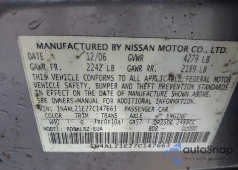 2007 Nissan Altima 2.5 S from USA, damaged, VIN 1N4AL21E27C147663